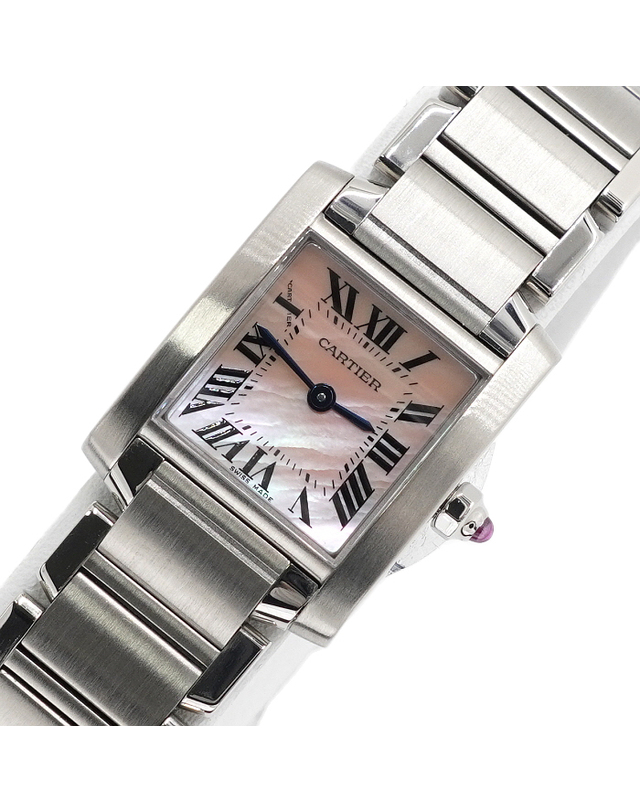 까르띠에 [중고명품] [중고명품] Cartier(까르띠에) W51028Q3 탱크 프랑세즈 핑크 자개판 쿼츠 스몰 스틸 여성 시계aa67809 착용컷
