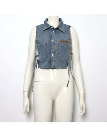 [중고명품] MiuMiu(미우미우) GWC144 사파이어 블루 크롭 chambray 샴브레이 데님 타이 여성 셔츠aa68083