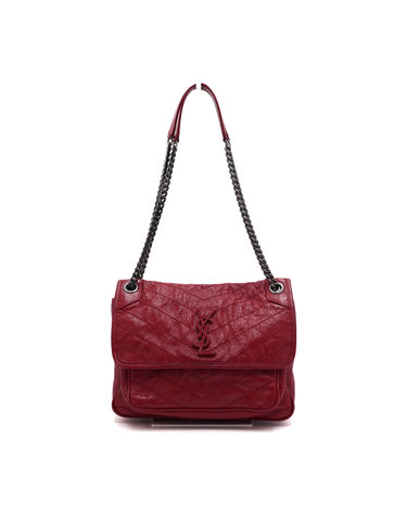 [중고명품] SAINT LAURENT(생로랑) 498894 레드 크링클드 퀼티드 미디움 니키 은장체인 숄더백 겸 크로스백aa66172