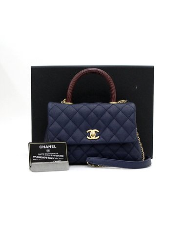 [중고명품] Chanel(샤넬) A92990 네이비 캐비어 코코핸들23 스몰 플랩 리자드 탑핸들 토트백 겸 금장체인 숄더백aa59407