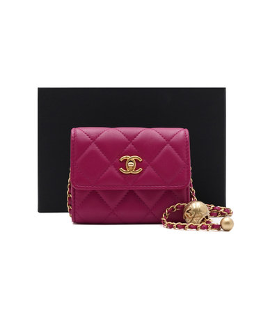 [중고명품] Chanel(샤넬) AP2704 푸시아 핑크 램스킨 골든볼 금장체인 미니 WOC 카드지갑 크로스백aa68040