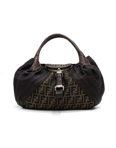 [중고명품] Fendi(펜디) 8BR511 브라운 레더 FF 캔버스 스파이 위빙 핸들 토트백aa64664