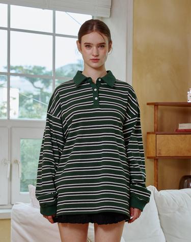 아리킴 ARETE STRIPE OVERFIT COLLAR T-SHIRT / GREEN