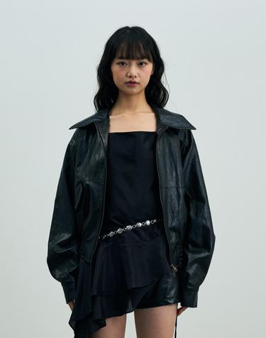PAMELA LEATHER BOMBER JACKET / BLACK