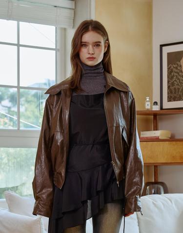 PAMELA LEATHER BOMBER JACKET / BROWN