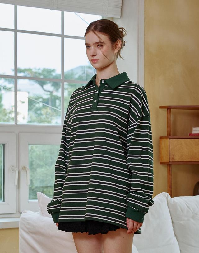 아리킴 ARETE STRIPE OVERFIT COLLAR T-SHIRT / GREEN 그린 착용컷