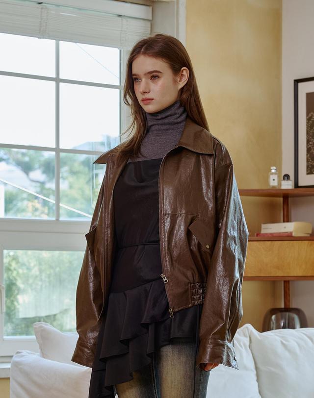 아리킴 PAMELA LEATHER BOMBER JACKET / BROWN 브라운 착용컷