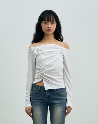 CLAIRE TWO-SHIRRING OFF-SHOULDER TOP / WHITE