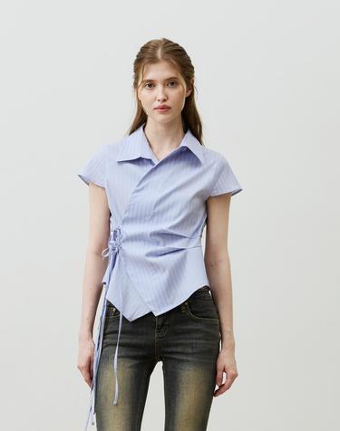 EVE STRIPE WRAP CAP SLEEVE SHIRT / SKY BLUE
