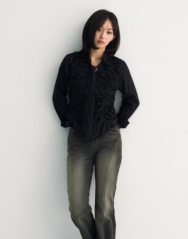 ELISE TIE SHIRRING SHIRT / BLACK