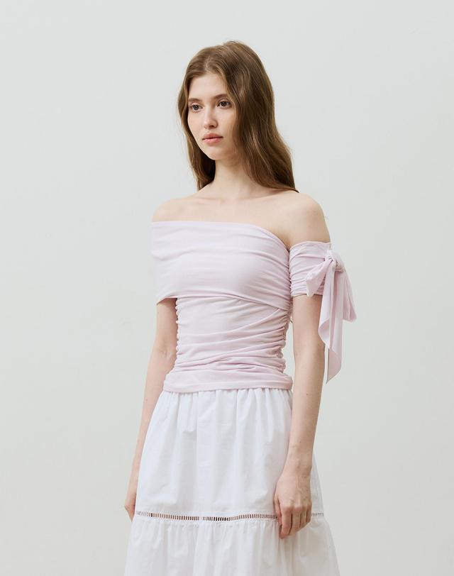 아리킴 RIA ONE-SHOULDER SHIRRING TOP / PALE LAVENDER 핑크 착용컷