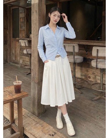모아 벨트 플레어 롱 스커트