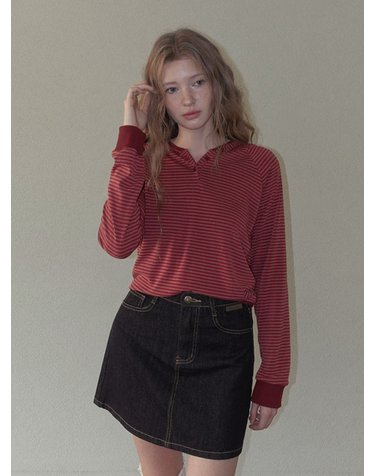로리 스트라이프 버튼 후드 긴팔 티셔츠