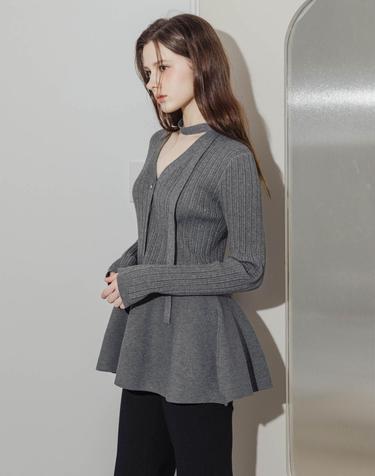 Flared V Neck Knit Gray Cardigan