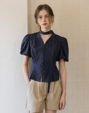 Seersucker Tied Navy Blouse