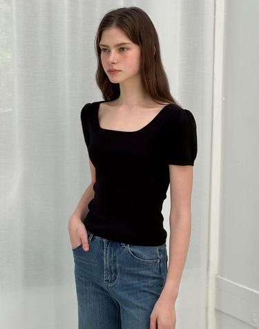 Twoway Ribbon Puff Black Knit Top