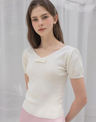Twoway Ribbon Puff Ivory Knit Top