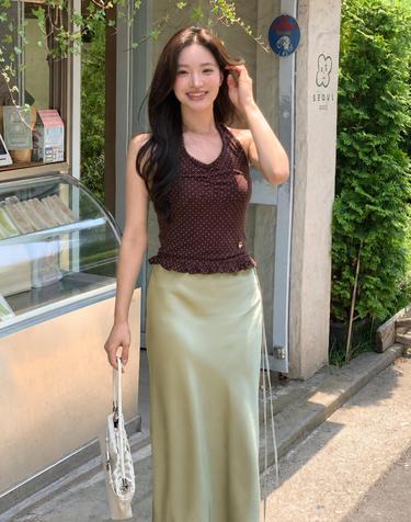 Halter Frill Sleeveless Brown dot Top