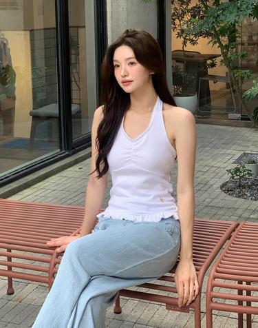 Halter Frill Sleeveless White Top