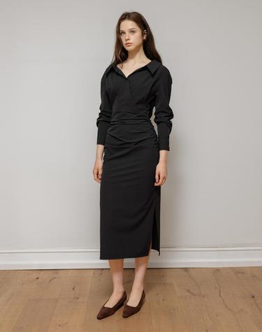 Classic shirring Shirt Black Dress