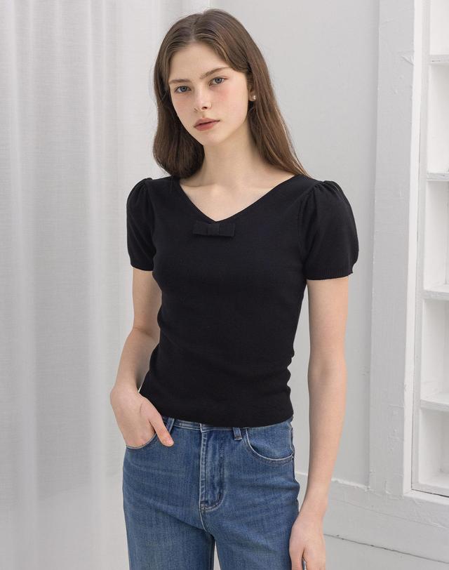 로트르드민 Twoway Ribbon Puff Black Knit Top 블랙 착용컷