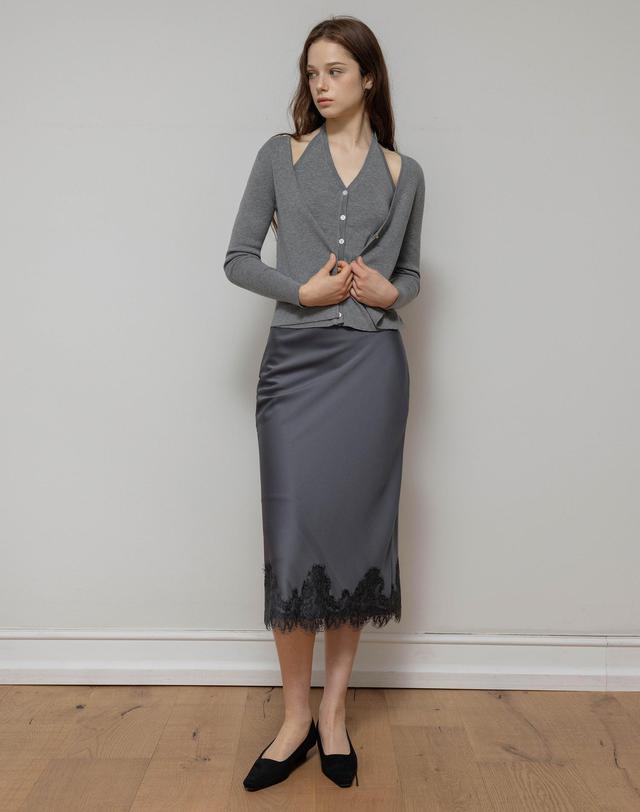 로트르드민 Lautre Lace Gray Satin flare skirt 착용컷