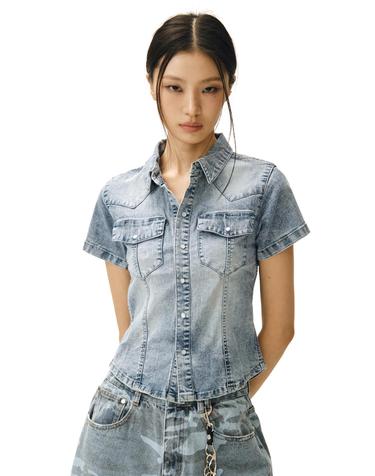 Western Slim Denim Short Shirts DCWSH002LBlueA