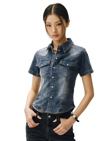 Western Slim Denim Short Shirts DCWSH002BlueA