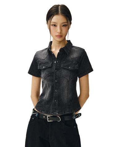 Western Slim Denim Short Shirts DCWSH002BlackA