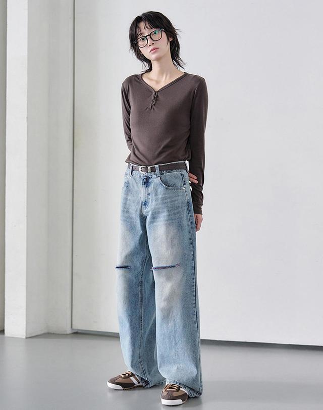데케트 우먼 Cut Wide Jeans DCWPT009LBlueB 착용컷