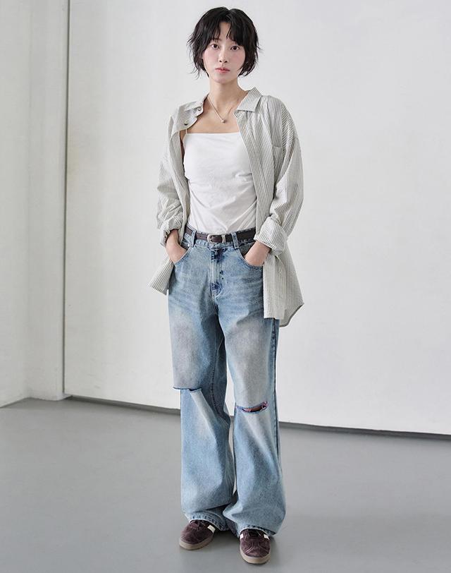 데케트 우먼 Cut Wide Jeans DCWPT009LBlueB 착용컷