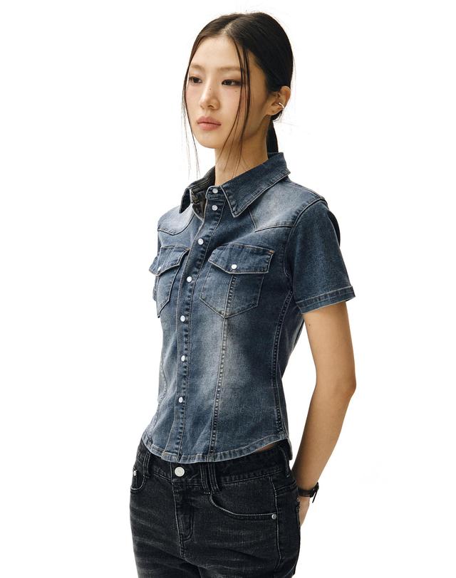 데케트 우먼 Western Slim Denim Short Shirts DCWSH002BlueA 착용컷
