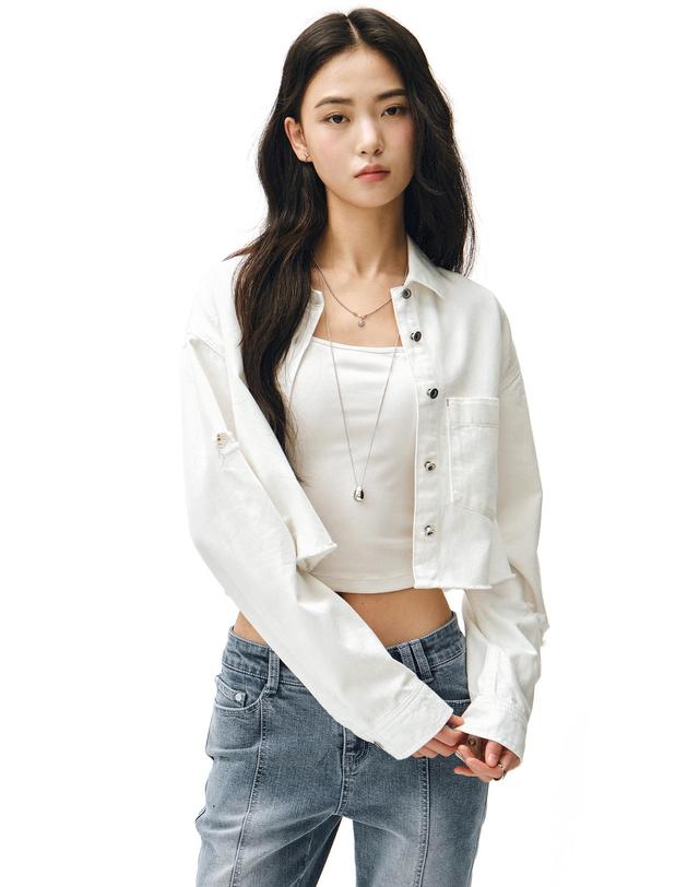 데케트 우먼 Cropped Damage Denim Shirts DCWSH004WHITE 착용컷
