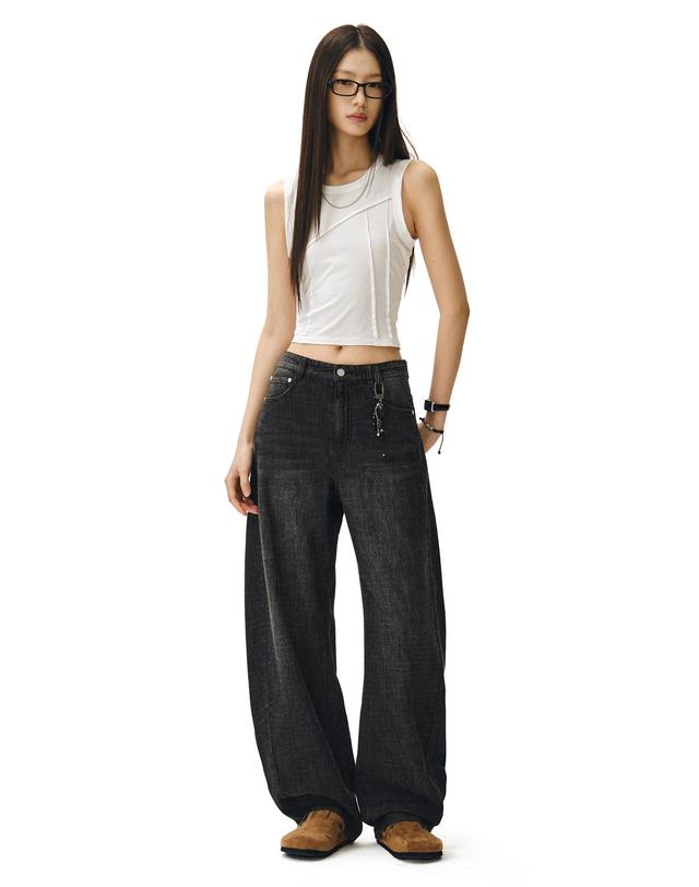 데케트 우먼 [린넨라이크]Linen Like Curved Wide Jeans DCWPT026BLACK 착용컷