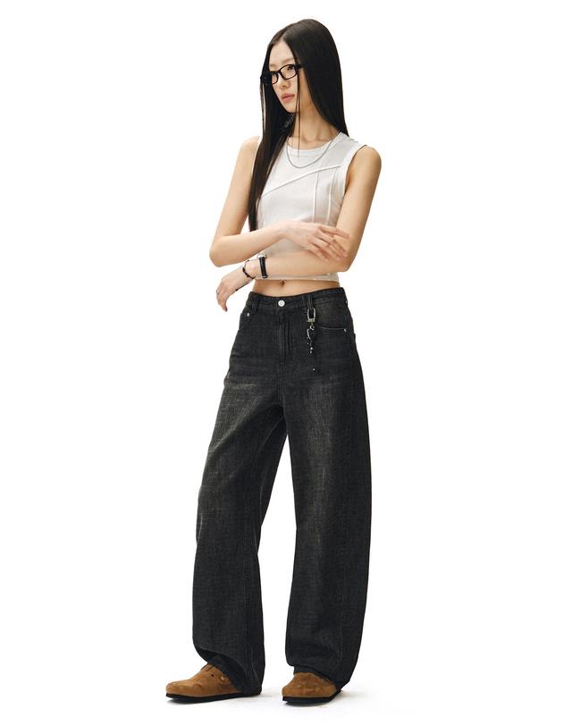 데케트 우먼 [린넨라이크]Linen Like Curved Wide Jeans DCWPT026BLACK 착용컷