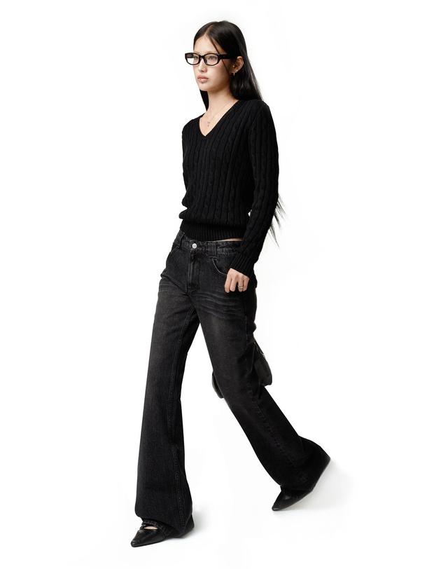 데케트 우먼 Adjustable Back Low Rise Relaxed Flared Jeans DCWPT031BLACK 착용컷