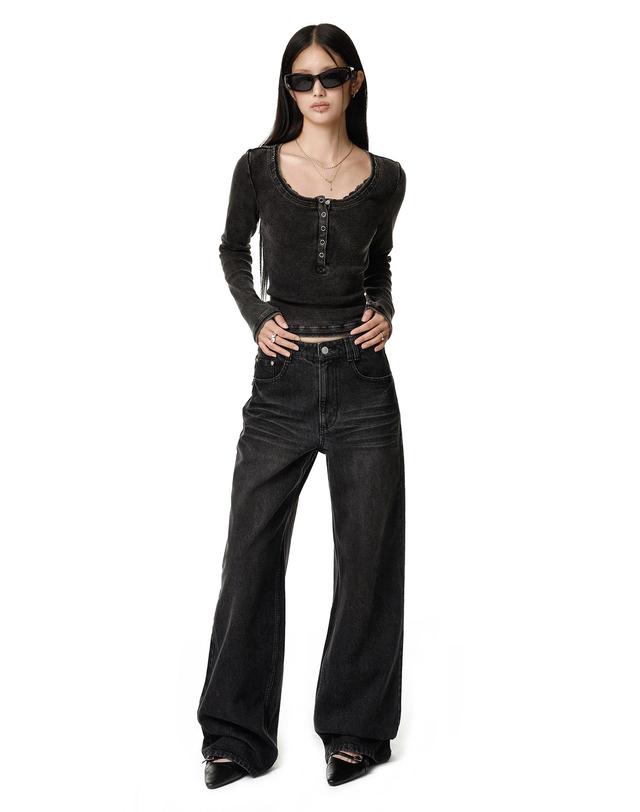 데케트 우먼 Adjustable Back Wide Jeans DCWPT032BLACK 착용컷