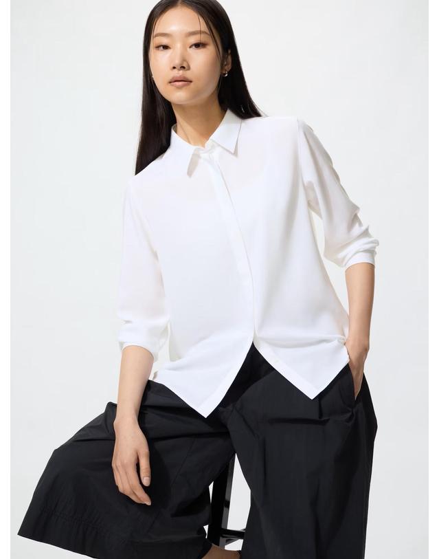 유니클로 유니클로 재팬 여성 레이온 블라우스 긴팔 셔츠 4컬러 487525 착용컷