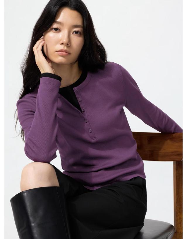 유니클로 유니클로 재팬 여성 리브 헨리넥 긴팔 티셔츠 10컬러 487581 착용컷