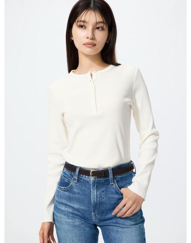 유니클로 유니클로 재팬 여성 리브 헨리넥 긴팔 티셔츠 10컬러 487581 착용컷