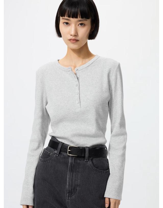 유니클로 유니클로 재팬 여성 리브 헨리넥 긴팔 티셔츠 10컬러 487581 착용컷