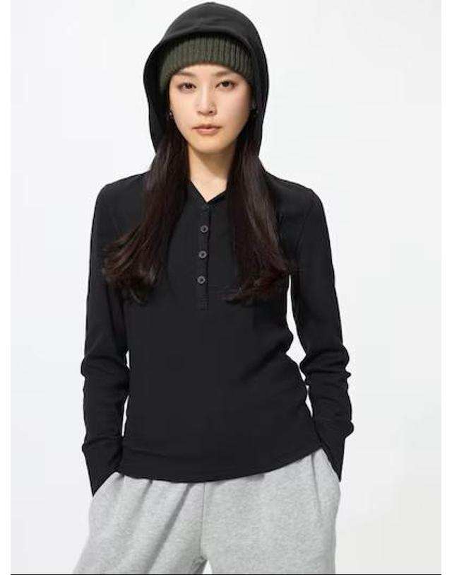 유니클로 유니클로 재팬 여성 후드 리브 긴팔 티셔츠 6컬러 488298 착용컷