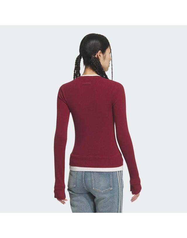 아디다스 아디다스 오리지널 3S 버튼 크루넥 긴팔 스웨트 니트 티셔츠 버건디 KS5332 착용컷