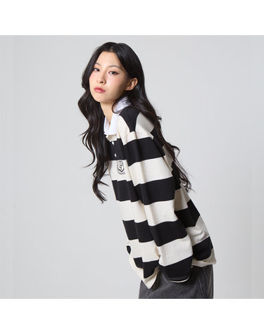 [언노운플라넷] 스트라이프 럭비 카라 셔츠 블랙