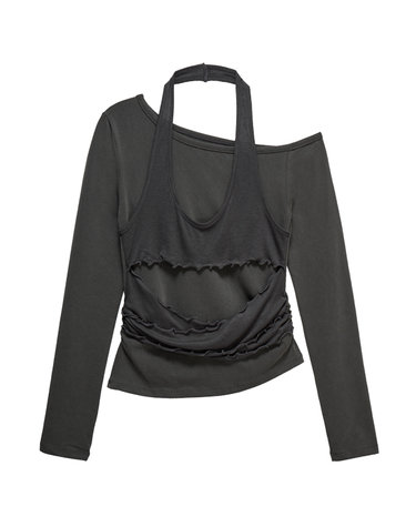 언발 홀터 레이어드 슬림 롱슬리브 티셔츠 챠콜_Asymmetric Halter Layered Slim Long Sleeve Tee  Charcoal