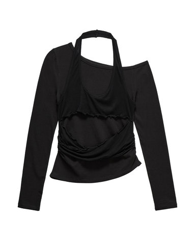 언발 홀터 레이어드 슬림 롱슬리브 티셔츠 블랙_Asymmetric Halter Layered Slim Long Sleeve Tee Black