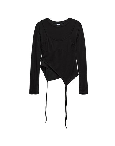 언발 딥컷아웃 레이어드 슬림 롱슬리브 티셔츠_Asymmetric Deep Cut-Out Layered Slim Long Sleeve Tee