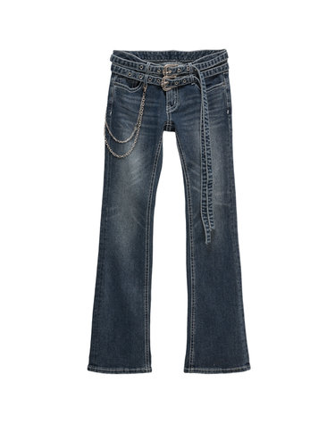 더블 아일렛 벨트 중청 로우라이즈 부츠컷 데님 팬츠_Double Eyelet Belt Vintage Blue Wash Low-Rise Bootcut Denim