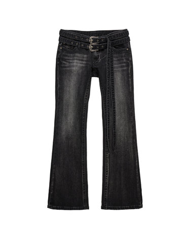 더블 아일렛 벨트 흑청 로우라이즈 부츠컷 데님_Double Eyelet Belt Pigment Black Wash Low-Rise Wide Denim