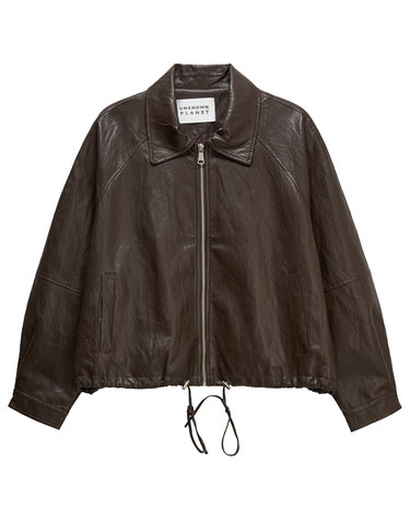 스트링 블루종 페이크 레더 자켓 브라운_Drawstring Faux Leather Blouson Jacket Brown